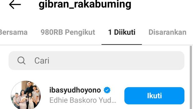 Akun Gibran pada April 2023 hanya mengikuti Instagram Edhi Baskoro Yudhoyono atau Ibas (tangkapan layar).