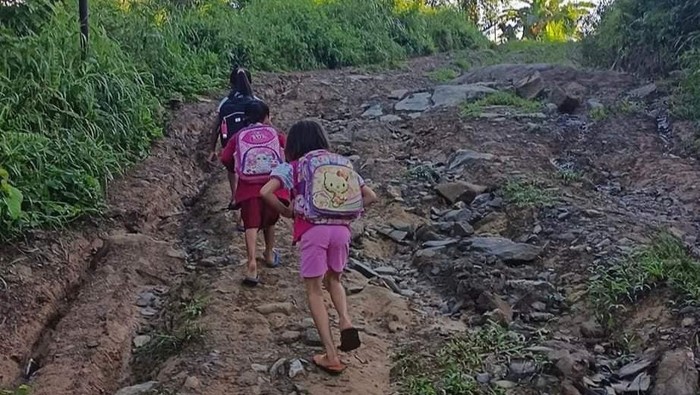 Siswa SD di Morowali Utara, Sulawesi Tengah (Sulteng) jalan kaki 3 Km untuk ke sekolah.