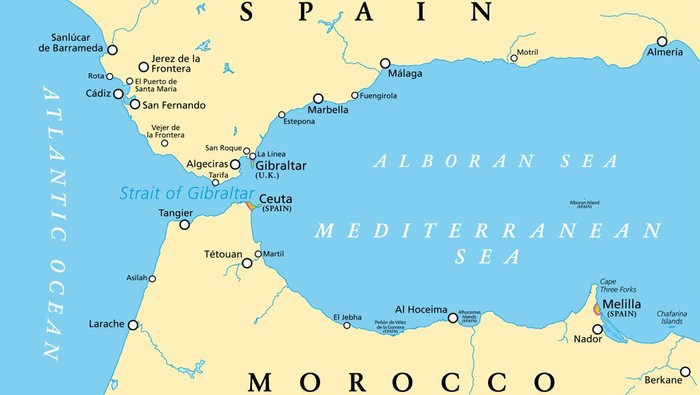 Strait of Gibraltar, political map. Also known as Straits of Gibraltar. Narrow strait, connecting the Atlantic Ocean to the Mediterranean Sea, separating the Iberian Peninsula from Morocco and Africa.