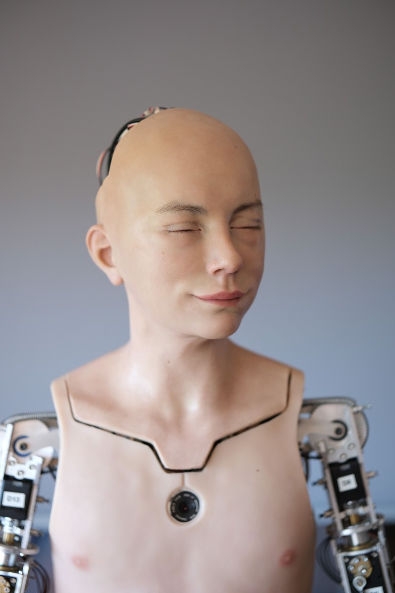 PISA, ITALY - APRIL 26: A portrait of the humanoid robot Abel at the Pisa University on April 26, 2023 in Pisa, Italy. The humanoid robot Abel has been created by bioengineers at the Pisa University and Gustav Hegel, an FX artist from Biomimic company, to read human emotions and ultimately become a companion for people with autism or Alzheimer's. Abel is the first example of a highly realistic humanoid robot capable of exploiting artificial intelligence and managing it within a social context, considering the emotions of his interlocutors.  (Photo by Vittorio Zunino Celotto/Getty Images)