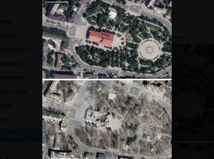 Kehancuran kota di Ukraina di Google Earth