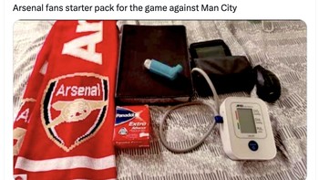Bekal fans Arsenal saat nonton melawan City agar jantung tetap aman. Foto: Twitter