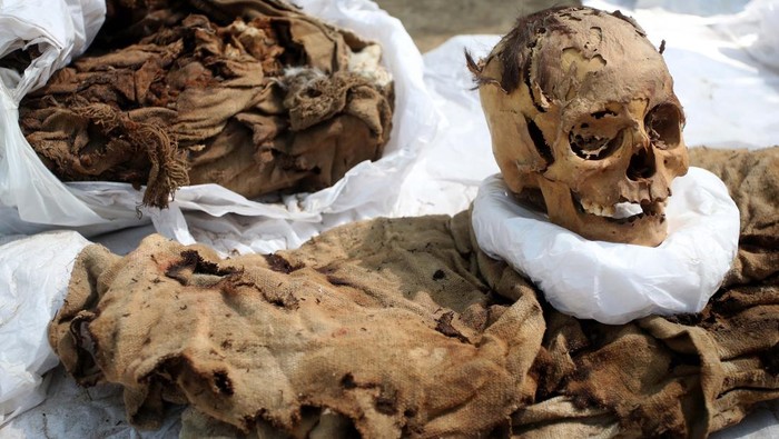 Mumi Masa Pra-Inca Ditemukan di Peru, Begini Penampakannya LIMA, PERU - APRIL 26: The skull and clothes of a mummy are displayed after being founded at Cajamarquilla archeological site, in the outskirts of the Peruvian capital on April 26, 2023 in Lima, Peru. The mummy is over 1000 years old and was found in an underground tomb wrapped in a funerary bundle and in a great state of conservation including bits of skin and hair. The adolescent probably belonged to the Lima or Ichma cultures. (Photo by Raul Sifuentes/Getty Images)