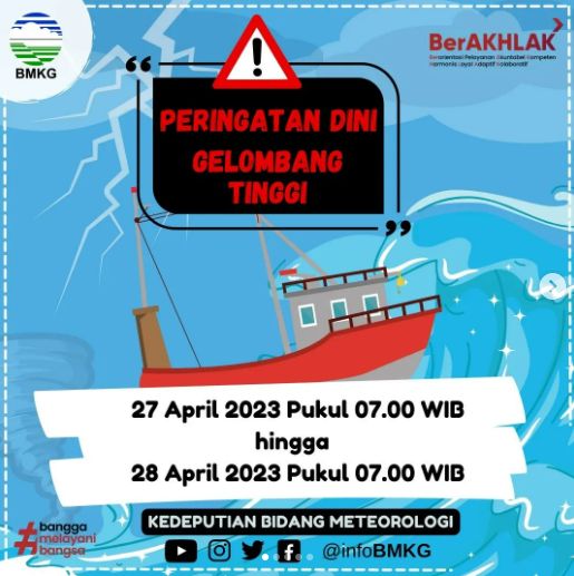 BMKG mengeluarkan peringatan dini gelombang tinggi 27-28 April 2023. Selain itu, BMKG juga merinci daftar area yang diwaspadai terkena gelombang tinggi.