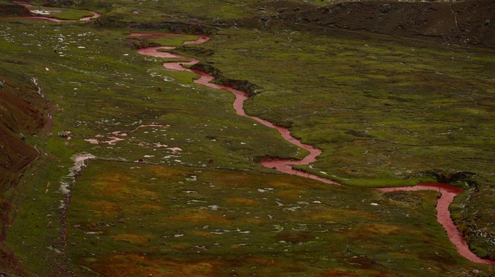 Red coloured river stream from sandstone mineral sediment erosion in green grass meadow valley landscape at colourful Vinicunca Rainbow Mountain in Pitumarca Cusco, Peru Andes South America