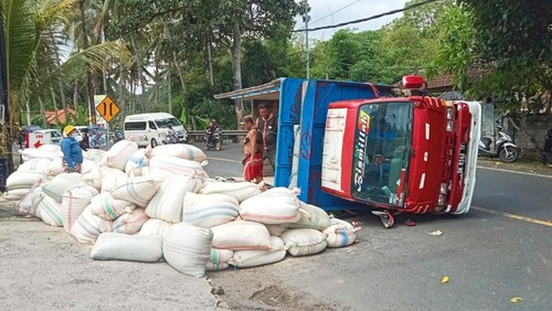 Truk pengangkut dedak bermuatan 9 ton jatuh terguling di jalur Amlapura-Denpasar, Karangasem.
