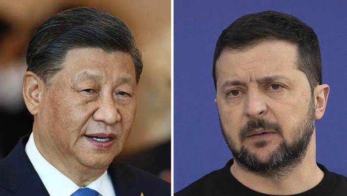 This combination of file photos shows Chinas President Xi Jinping, taken in Bangkok, Thailand, on Nov. 19, 2022, and Ukrainian President Volodymyr Zelenskyy taken outside Kyiv, Ukraine, on April 7, 2023. Chinese leader Xi talked Wednesday, April 26, 2023, with Ukrainian President Zelenskyy by phone and appealed for negotiations in Russias war against his country, warning 