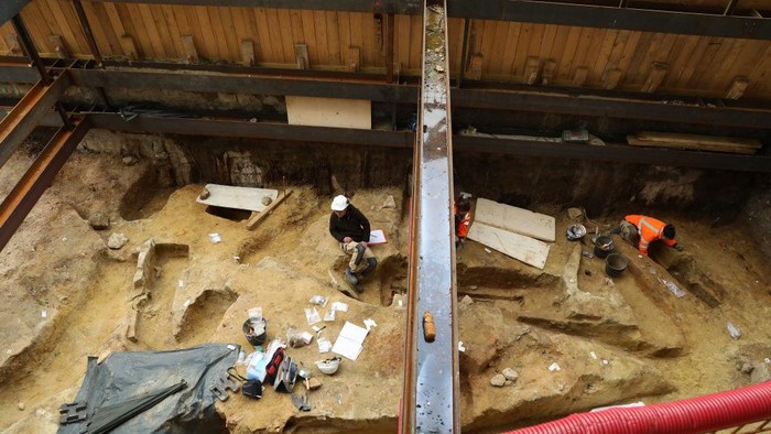 1252055065 PARIS, FRANCE - APRIL 21: A view of an excavation site where archeologists unearth 50 graves in an ancient necropolis just meters away from the busy Port-Royal train station in Paris, France on April 21, 2023. The ancient site offers a rare glimpse of life in the modern-day French capital's predecessor, Lutetia, nearly 2,000 years ago. The