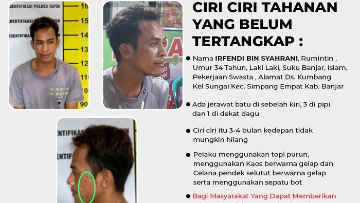 Irfendi (34) tahanan Polres Tapin, Kalimantan Selatan (Kalsel) berhasil lolos dari kepungan polisi saat bersembunyi ke dalam hutan.