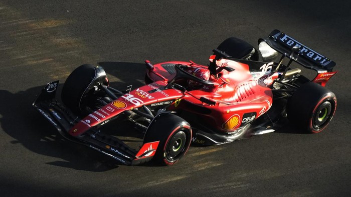 Ferrari driver Charles Leclerc of Monaco steers his car during qualifying for the Azerbaijan Formula One Grand Prix at the Baku circuit, in Baku, Azerbaijan, Friday, April 28, 2023. The Formula One Grand Prix will be held on Sunday April 30, 2023. (AP Photo/Sergei Grits)