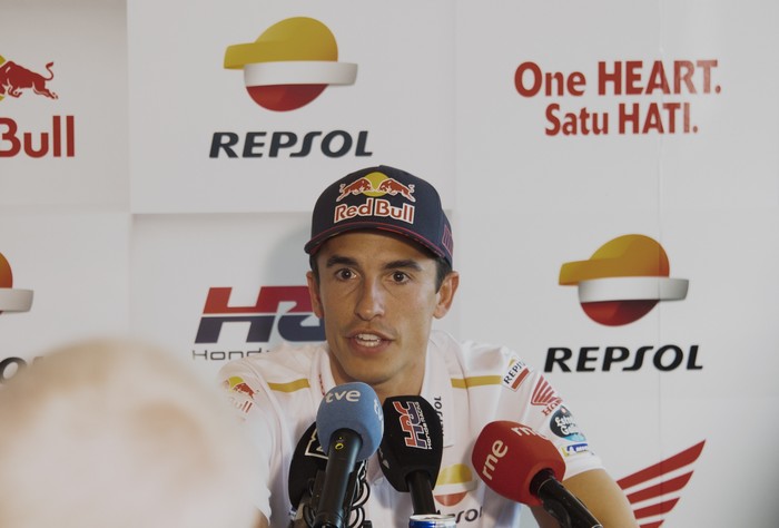 JEREZ DE LA FRONTERA, SPAIN - APRIL 27: Marc Marquez of Spain and Repsol Honda Team speaks with journalists in Repsol Honda Team  hospitality during the MotoGP Of Spain - Previews on April 27, 2023 in Jerez de la Frontera, Spain. (Photo by Mirco Lazzari gp/Getty Images)