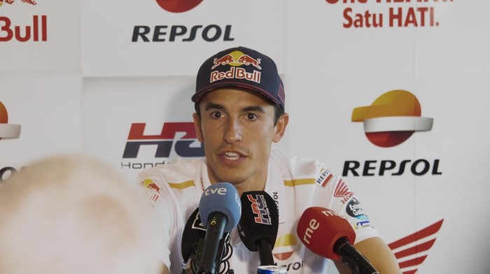 JEREZ DE LA FRONTERA, SPAIN - APRIL 27: Marc Marquez of Spain and Repsol Honda Team speaks with journalists in Repsol Honda Team  hospitality during the MotoGP Of Spain - Previews on April 27, 2023 in Jerez de la Frontera, Spain. (Photo by Mirco Lazzari gp/Getty Images)
