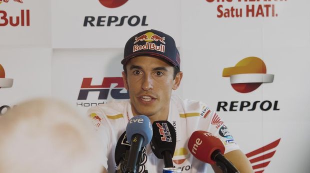 JEREZ DE LA FRONTERA, SPAIN - APRIL 27: Marc Marquez of Spain and Repsol Honda Team speaks with journalists in Repsol Honda Team  hospitality during the MotoGP Of Spain - Previews on April 27, 2023 in Jerez de la Frontera, Spain. (Photo by Mirco Lazzari gp/Getty Images)