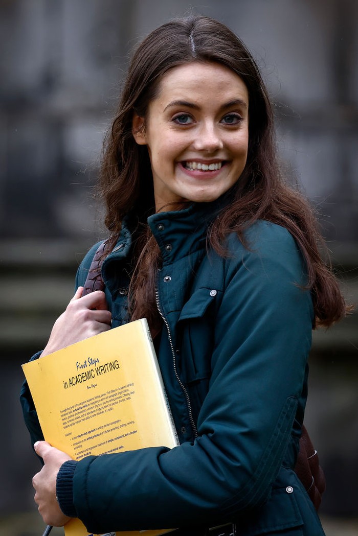 ST ANDREWS, SCOTLAND - MARCH 17: Actress Meg Bellamy, who plays Kate Middleton is seen during filming for the next season of The Crown in St Andrews,  on March 17, 2023 in St Andrews, Scotland. The sixth series of the drama, based on the real lives of the recent British monarchy, is set in St Andrews where the Prince and Princess of Wales met whilst studying at University. (Photo by Jeff J Mitchell/Getty Images)
