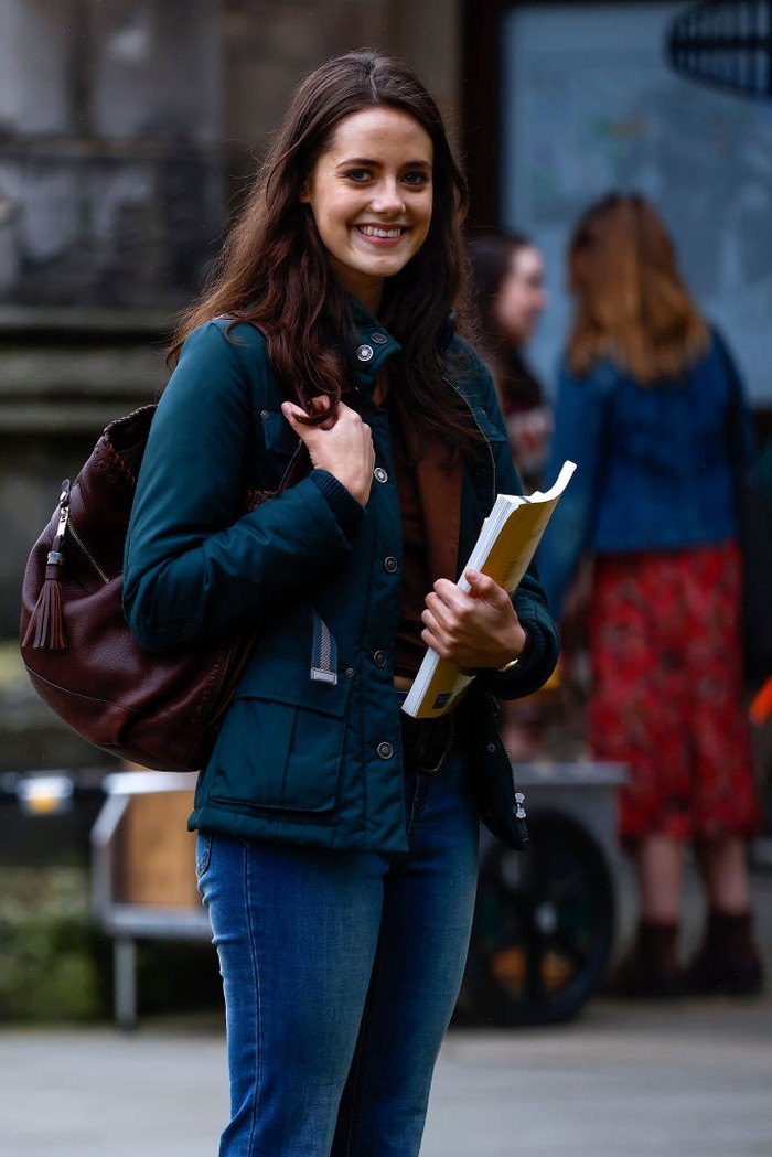 ST ANDREWS, SCOTLAND - MARCH 17: Actress Meg Bellamy, who plays Kate Middleton is seen during filming for the next season of The Crown in St Andrews,  on March 17, 2023 in St Andrews, Scotland. The sixth series of the drama, based on the real lives of the recent British monarchy, is set in St Andrews where the Prince and Princess of Wales met whilst studying at University. (Photo by Jeff J Mitchell/Getty Images)