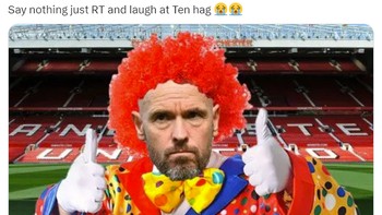 Banyak fans kecewa MU ditahan imbang oleh Spurs setelah unggul 2 gol. Ten Hag pun jadi meme badut. Foto: (Twitter)