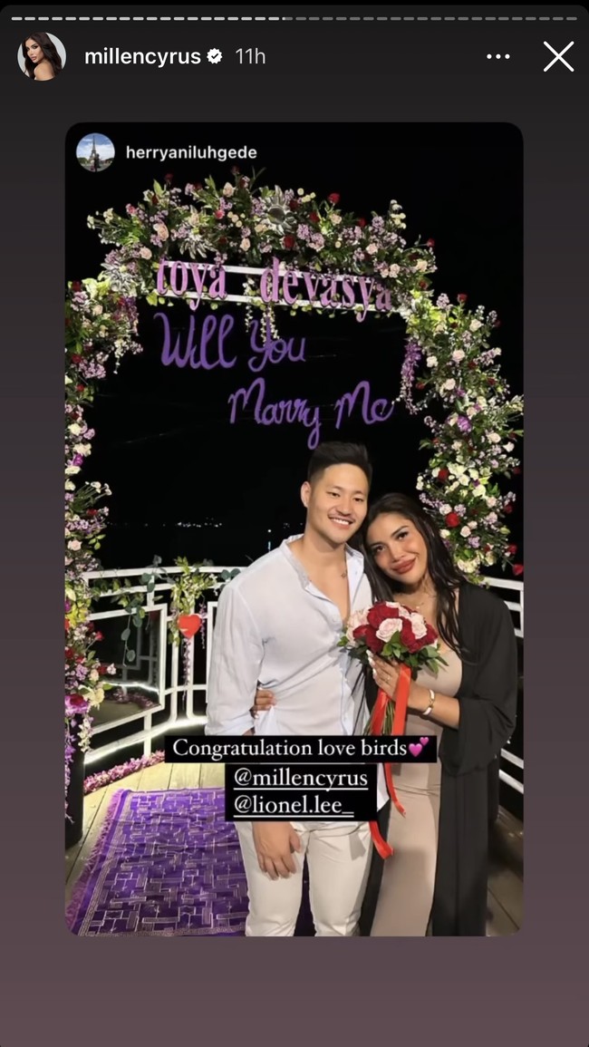 Beragam ucapan selamat tampak diberikan oleh para kerabat dan sahabat untuk Millen dan Lionel. Hal tersebut terlihat dari unggahan-unggahan di instagram Story Millen dan Lionel. Foto: Instagram/@millencyrus