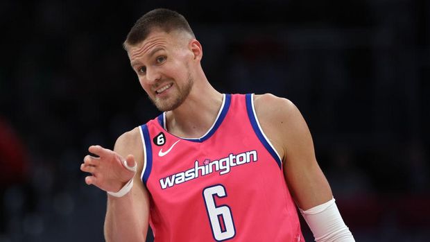 WASHINGTON, DC - MARCH 28: Kristaps Porzingis #6 of the Washington Wizards gestures against the Boston Celtics during the second half at Capital One Arena on March 28, 2023 in Washington, DC. NOTE TO USER: User expressly acknowledges and agrees that, by downloading and or using this photograph, User is consenting to the terms and conditions of the Getty Images License Agreement. (Photo by Patrick Smith/Getty Images)