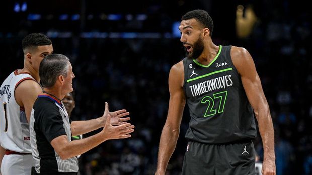DENVER, CO - APRIL 25: Rudy Gobert (27) of the Minnesota Timberwolves is given a technical violation by referee Scott Foster (48) during the third quarter against the Denver Nuggets at Ball Arena in Denver on Tuesday, April 25, 2023. (Photo by AAron Ontiveroz/MediaNews Group/The Denver Post via Getty Images)