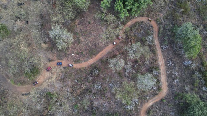 Pengunjung melintas di sekitar kawasan pepohonan dan rerumputan yang mengering saat berwisata dengan motor ATV di Palu, Sulawesi Tengah, Sabtu (29/4/2023). Suhu panas yang terjadi dalam beberapa waktu terakhir menyebabkan kawasan hutan kota tersebut mengering. ANTARA FOTO/Mohamad Hamzah/foc.