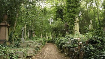 Pemakaman Highgate, London, Inggris. Banyak orang-orang terkenal dimakamkan di sana dengan pemandangan hutan indah. Meskipun masih menjadi salah satu tempat wisata yang paling jarang dikunjungi di London, mereka yang memasuki gerbangnya kerap mencari batu nisan terkenal dan mengaku melihat hantu. Foto: Boredpanda