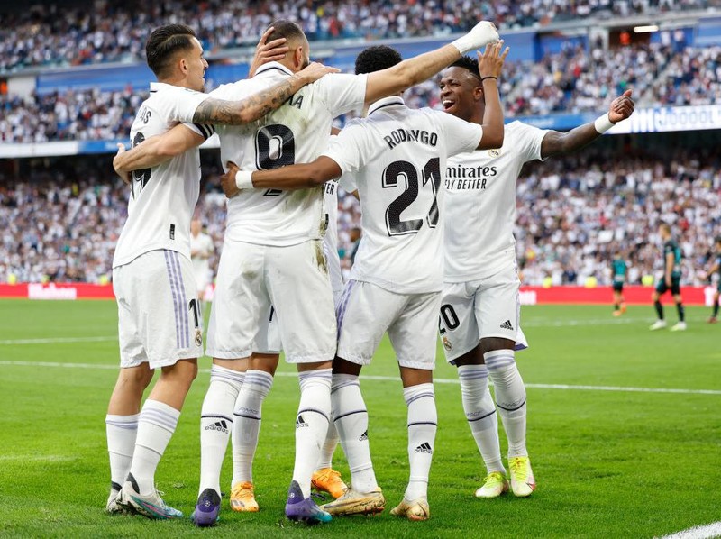 MADRID, SPAIN - APRIL 29: Real Madrid players celebrates after scoring a goal during the LaLiga Santander match between Real Madrid CF and UD Almeria at Estadio Santiago Bernabeu on April 29, 2023 in Madrid, Spain. (Photo by Victor Carretero/Real Madrid via Getty Images)