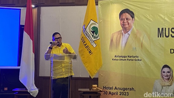 Ketua DPD Partai Golkar Kota Sukabumi Sri Wadigdo saat menyampaikan sambutan dalam acara Muscalub.