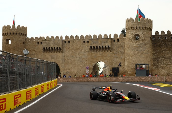 Formula One F1 - Azerbaijan Grand Prix - Baku City Circuit, Baku, Azerbaijan - April 30, 2023 Red Bulls Sergio Perez in action during the race REUTERS/Lisi Niesner