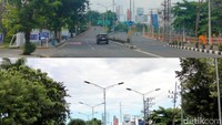 Perbandingan suasana di Jalan Wali Kota Mustajab yang mengarah ke Jalan Prof Moestopo dan Jalan Sumatra. Foto atas dipotret 21 April 2023 dan foto bawah dipotret 30 April 2023. (Foto: Deny Prastyo Utomo-Praditya Fauzi/detikJatim)