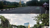 Berdasar data PJR Jatim III, hingga Minggu (30/4/2023) pagi, tercatat 27.675 mobil masuk Surabaya via Tol Warugunung. Terlihat sejumlah kendaraan mulai ramai di Jalan Panglima Sudirman, dekat Monumen Bambu Runcing (foto kanan). (Foto: Deny Prastyo Utomo/detikJatim)