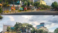 Suasana yang sama juga tampak di Jalan Tunjungan di mana sejumlah kendaraan mulai memadati kawasan tersebut (foto bawah). (Foto: Deny Prastyo Utomo-Praditya Fauzi/detikJatim)