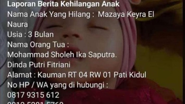 Bayi tiga bulan di Pati dilaporkan hilang, Senin (1/5/2023).