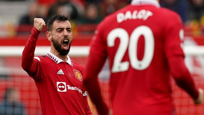 Manchester Uniteds Bruno Fernandes celebrates scoring the opening goal during the Premier League match at Old Trafford, Manchester. Picture date: Sunday April 30, 2023. (Photo by Martin Rickett/PA Images via Getty Images)
