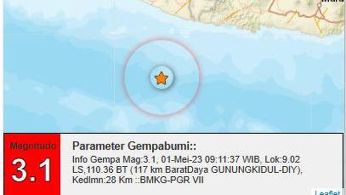 Gempa M 3,1 guncang perairan Gunungkidul, Senin (1/5/2023).