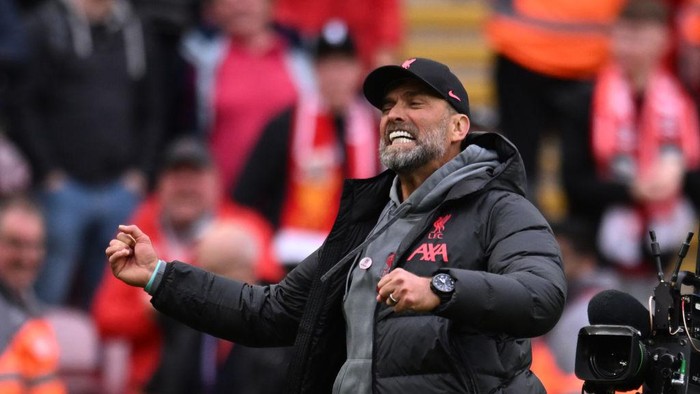 LIVERPOOL, ENGLAND - APRIL 30: ( THE SUN OUT.THE SUN ON SUNDAY OUT ) Jurgen Klopp manager of Liverpool during the Premier League match between Liverpool FC and Tottenham Hotspur at Anfield on April 30, 2023 in Liverpool, England. (Photo by Andrew Powell/Liverpool FC via Getty Images)