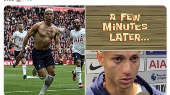 Richarlison sempat menyamakan kedudukan di menit 90+2, eh taunya Diogo Jota mencetak gol di menit 90+3. Tottenham tumbang, Liverpool senang. Foto: Twitter