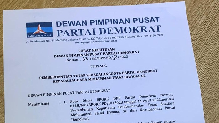 Surat pemecatan kader Demokrat Nganjuk yang beredar