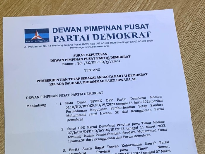 Surat pemecatan kader Demokrat Nganjuk yang beredar