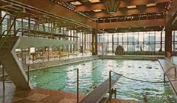 Kolam renang dalam ruangan di Grossingers, yang dibuka pada tahun 1958. Elizabeth Taylor menghadiri pembukaan kolam tersebut, dan Florence Chadwick - wanita pertama yang berenang di Selat Inggris di kedua arah - berenang pertama kali di dalamnya. Foto: Pablo Iglesias Maurer via Dcis