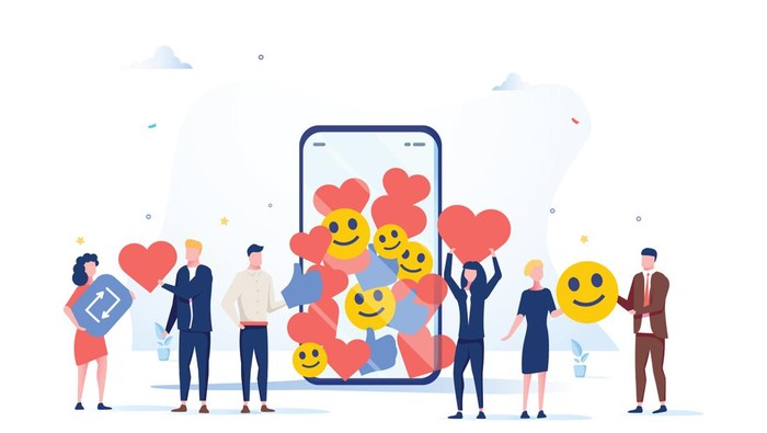 Increase your social media followers with successful marketing strategies, people bringing likes and reactions to a social media profile on a smartphone. SMM digital business background for website