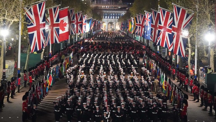 A night time rehearsal in central London for the coronation of King Charles III, which will take place this weekend. Picture date: Wednesday May 3, 2023. (Photo by James Manning/PA Images via Getty Images)
