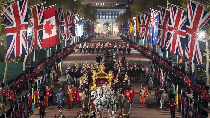 A night time rehearsal in central London for the coronation of King Charles III, which will take place this weekend. Picture date: Wednesday May 3, 2023. (Photo by James Manning/PA Images via Getty Images)