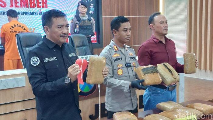 Ganja seberat 10 kg dan seorang kurir diungkap Polres Jember