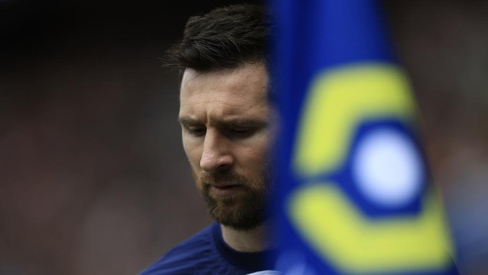 PSGs Lionel Messi reacts during the French League One soccer match between Paris Saint-Germain and Lorient, at the Parc des Princes stadium in Paris, Sunday, April 30, 2023. (AP Photo/Aurelien Morissard)