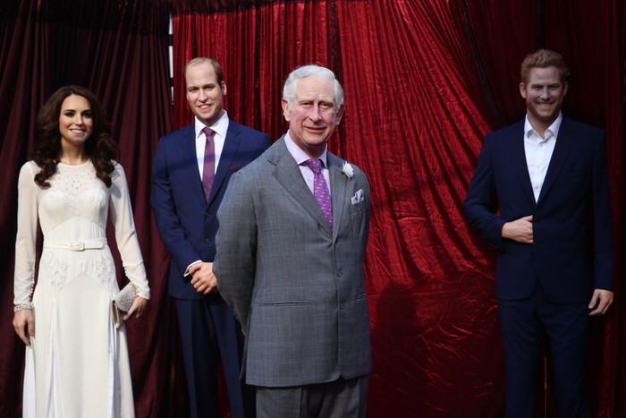 SYDNEY, AUSTRALIA - MAY 03: The  wax figures of  Catherine the Princess of Wales, Prince William, King Charles III and Prince Harry are seen  during the unveiling of  Madame Tussauds Sydney's wax figure of King Charles III on May 03, 2023 in Sydney, Australia. Australia's first King Charles III wax figure was announced by a town crier during a ceremony at the Queen Victoria Building in Sydney. Guests including the wax Prince and Princess of Wales were entertained with a changing-of-the-guards show and performance from Sydney Bagpipers. (Photo by Don Arnold/WireImage)