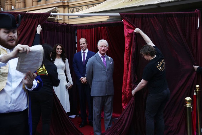 SYDNEY, AUSTRALIA - MAY 03: The wax figures of Catherine the Princess of Wales, Prince William, King Charles III and Prince Harry are seen during the unveiling of Madame Tussauds Sydney's wax figure of King Charles III on May 03, 2023 in Sydney, Australia. Australia's first King Charles III wax figure was announced by a town crier during a ceremony at the Queen Victoria Building in Sydney. Guests including the wax Prince and Princess of Wales were entertained with a changing-of-the-guards show and performance from Sydney Bagpipers. (Photo by Don Arnold/WireImage)