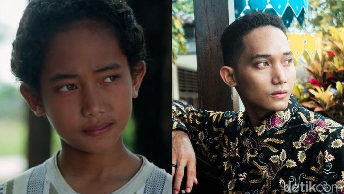 Potret pemeran Ikal Laskar Pelangi saat kecil dan dewasa.