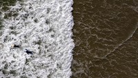 Dua peselancar mengarungi air di Huntington Beach, California, Senin, 17 April 2023. Setiap tahun, para ilmuwan telah memperingatkan bahwa pembakaran bahan bakar fosil memanaskan planet ini dan membawa kita lebih dekat untuk melanggar batas pemanasan yang disepakati secara internasional, yang akan berdampak besar, seperti peristiwa cuaca yang lebih ekstrem. AP/Jae C. Hong