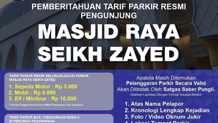 Tarif parkir resmi di kawasan Masjid Raya Sheikh Zayed, Solo.