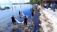 Personel gabungan dari Bakamla, KPLP, dan KSOP melakukan pembersihan pantai menggunakan alat absorbent dengan mengerahkan unsur kapal.